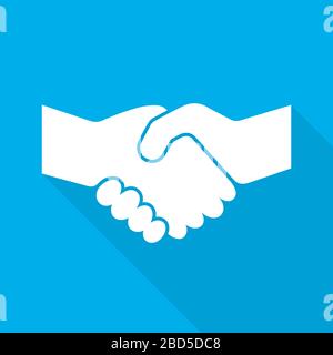Handshake icon with long shadow on blue background. Vector illustration. Stock Vector