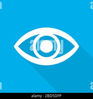 Flat human eye icon. Vector illustration. Symbol of eye with long shadow on blue background. Stock Vector
