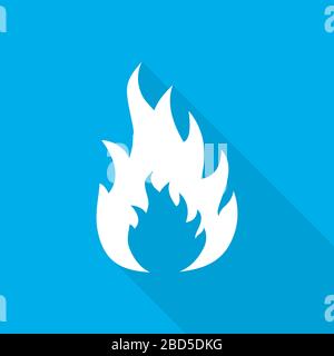 White fire icon in flat design. Vector illustration. Symbol of fire with long shadow on blue background. Stock Vector