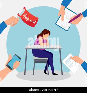woman tired in workplace with icons Stock Vector