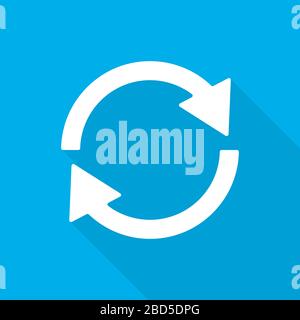 Update icon in flat design. Vector illustration. White sign of the reload with long shadow on blue background. Refresh symbol. Stock Vector