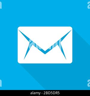 Envelope icon in flat design. Vector illustration. White envelope icon with long shadow on blue background Stock Vector