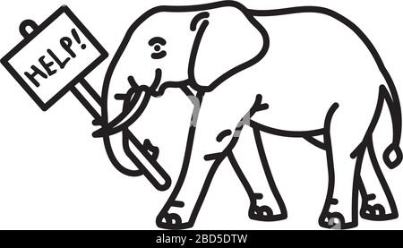 African elephant holding help sign vector line icon. Endangered species outline symbol. Stock Vector
