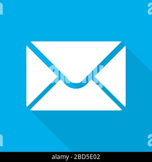 White envelope icon in flat design. Vector illustration. Envelope sign with long shadow on blue background. Stock Vector