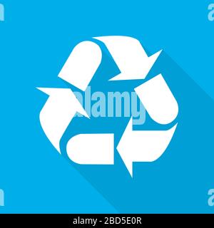Recycle sign. Vector illustration. White recycle symbol with long shadow on blue background. Stock Vector