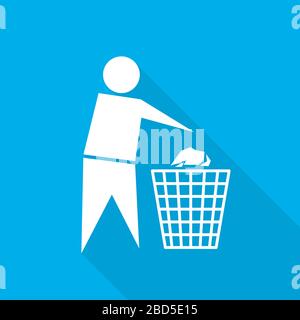 Trash bin or trash can with human figure. Vector illustration. White trash icon on blue background. Stock Vector