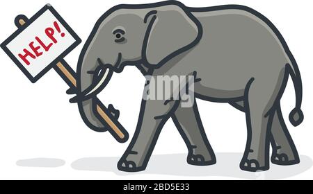 African elephant holding help sign isolated vector illustration for Save The ElepHant Day on April 16th. Endangered species symbol. Stock Vector