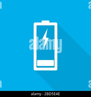 Charging battery icon with long shadow, on blue background. Vector Illustration. Battery icon in flat design. Stock Vector