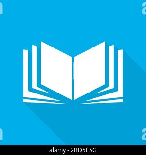 White book icon on blue background. Abstract book with long shadow. Vector illustration. Stock Vector
