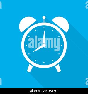 Alarm clock icon with long shadow, on blue background. Vector Illustration. Alarm clock in flat design. Stock Vector