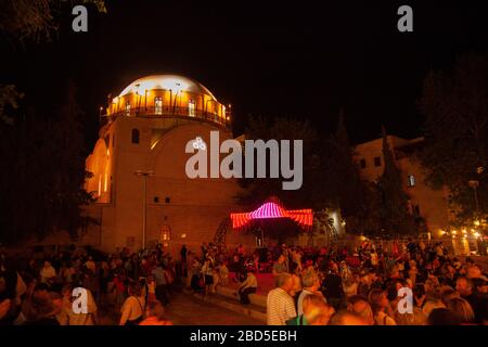 An audio-visual spectacle projected on the wall of the restored Hurva synagogue in the Jewish Quarter of the Old City of Jerusalem. Stock Photo