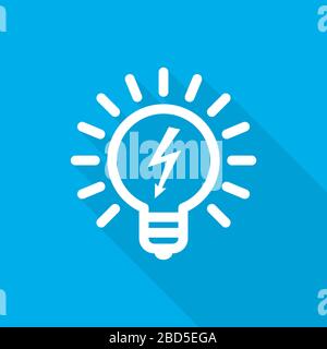 White light bulb icon in flat design. Vector illustration. Symbol of light bulb with long shadow on blue background. Stock Vector