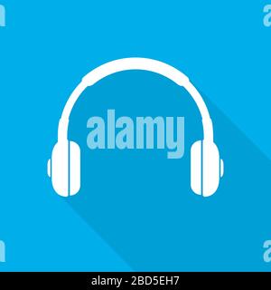 White headphone icon with long shadow, on blue background. Vector Illustration. Stock Vector