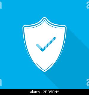 Shield with check mark on blue background. White shield with check mark in flat design. Vector illustration. Stock Vector