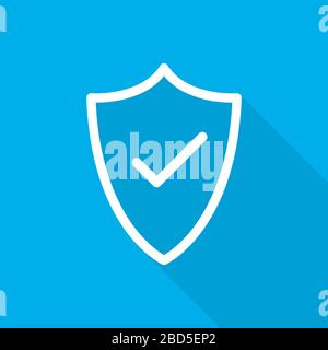 Shield with check mark on blue background. White shield with check mark in flat design. Vector illustration. Stock Vector