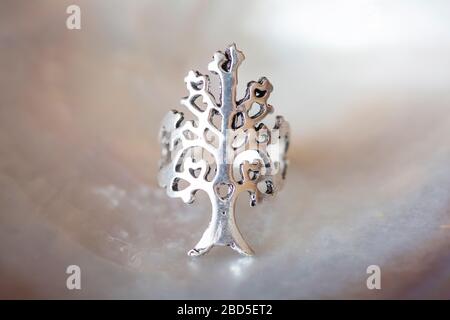 Metal silver color ring in the shape of tree on neutral background Stock Photo