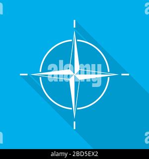 Compass icon in flat design. Vector illustration. White compass with long shadow on blue background Stock Vector