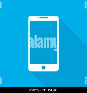 White smart phone icon with long shadow on blue background. Vector illustration. Mobile phone icon. Stock Vector