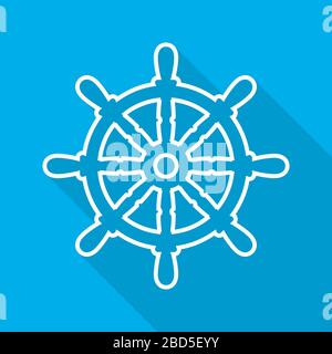 Ship steering wheel icon in flat design. Vector illustration. White ship steering wheel with long shadow on blue background Stock Vector