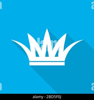 White crown icon in flat design. Vector illustration. Symbol of crown with long shadow on blue background. Stock Vector