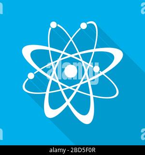 Atom icon in flat design. White molecule symbol or atom symbol with long shadow on blue background. Vector illustration. Stock Vector
