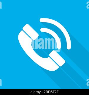 White handset icon in flat design. Vector illustration. Handset icon with long shadow on blue background. Phone call icon Stock Vector