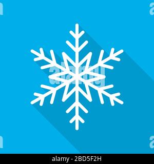 White snowflake icon. Abstract snowflake with long shadow on blue background in flat design. Vector illustration. Stock Vector