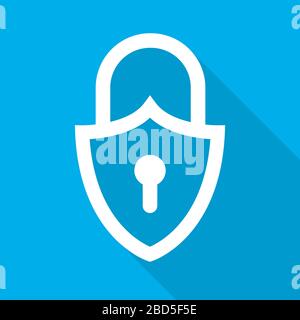 White lock icon on blue background. Vector illustration. Abstract lock with long shadow. Stock Vector