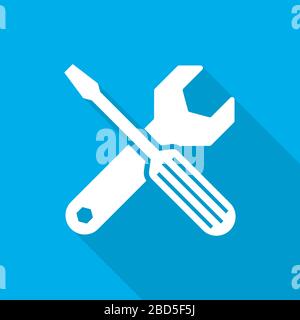 White tools in flat design with long shadow. Vector illustration. Simple wrench and screwdriver icons on blue background. Stock Vector