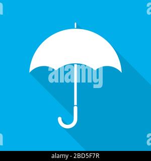 White umbrella icon with long shadow on blue background. Vector illustration. Flat umbrella icon Stock Vector