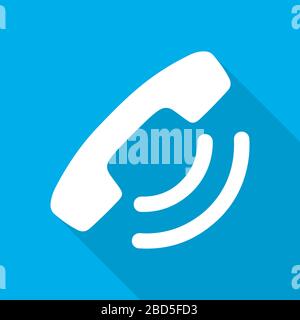 Phone icon. Vector illustration. White phone icon with long shadow on blue background. Stock Vector