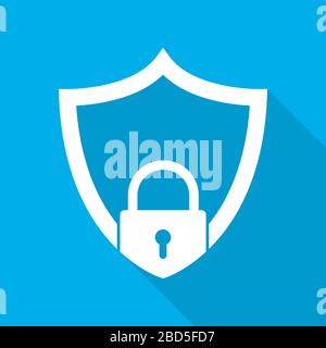 Shield with lock on blue background. Vector illustration. White shield with lock icon in flat style. Stock Vector