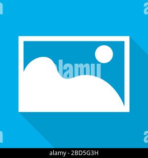 Photo icon in flat design. Vector illustration. White picture icon on blue background Stock Vector
