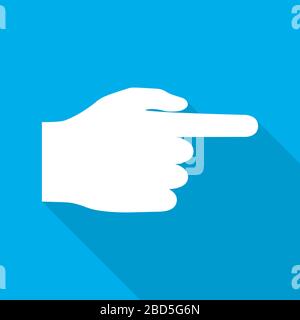 Hand cursor icon with long shadow on blue background. White click icon. Hand icon pointer. Vector illustration. Stock Vector