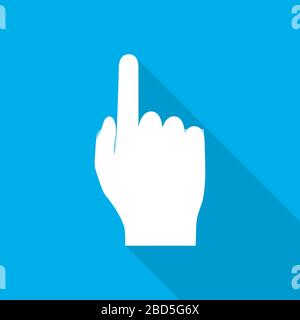 Hand cursor icon with long shadow on blue background. White click icon. Hand icon pointer. Vector illustration. Stock Vector