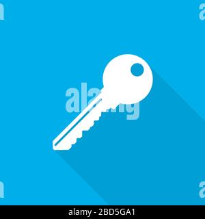 Key icon with long shadow on blue background. Simple key icon in flat design. Vector illustration Stock Vector