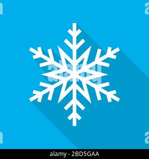 White snowflake icon. Abstract snowflake with long shadow on blue background in flat design. Vector illustration. Stock Vector