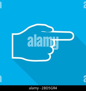 Hand cursor icon with long shadow on blue background. White click icon. Hand icon pointer. Vector illustration. Stock Vector