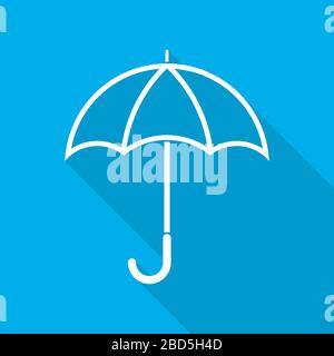 White umbrella icon with long shadow on blue background. Vector illustration. Flat umbrella icon Stock Vector