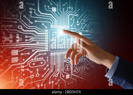 Computer engineer pressing shiny microchip on circuit board, collage. Blank space Stock Photo