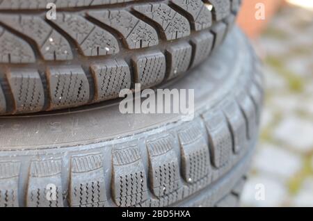 close-up shot of car tires Stock Photo