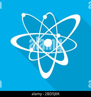 Atom icon in flat design. White molecule symbol or atom symbol with long shadow on blue background. Vector illustration. Stock Vector
