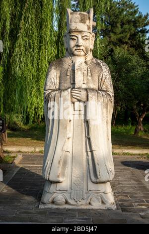 statue of civil official, Spirit or Sacred Way, Ming Tombs,  Changping District, Beijing, China Stock Photo