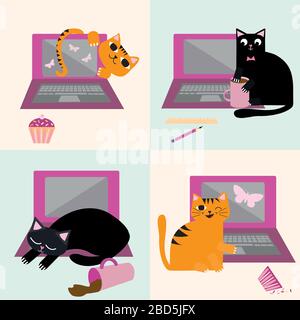 Cute cartoon cat and laptop vector seamless pattern background. Ginger and black felines interrupting business office work flow. Hand drawn fun repeat Stock Vector