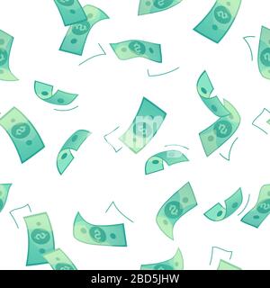 Green dollar pattern seamless on white background. Money rain Template for decoration design. Business success vector tail. Cash heap decoration. Wallpaper backdrop. Stock Vector