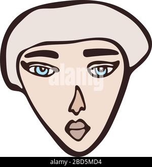 Minimalistic linear isolated female portrait. Short haired girl, white face with light eyes. Simple facial features. Scandinavian primitive graphic Stock Vector