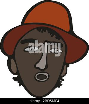 Modern minimalistic brasilian or mexican man portrait. Vector colored graffiti and tattoo style. Talking, singing latinos man in orange hat Stock Vector