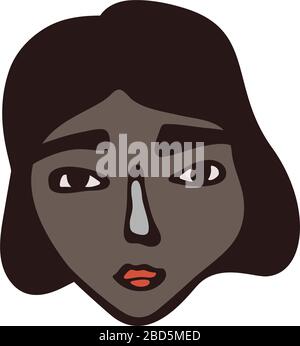 Minimalistic linear female portrait. Dark short hair, dark face with brown eyes. Vietnamese facial features. Scandinavian primitive graphic style Stock Vector