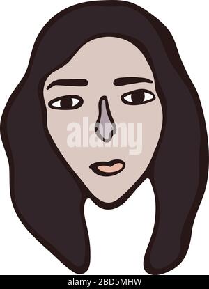 Modern minimalistic linear female portrait. Brown hair, light sad face, european or american facial features. Branding, logo, icon, blog, social media Stock Vector