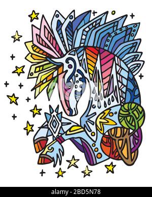 Vector colorful doodle ornamental ice unicorn. Decorative abstract vector illustration in multicolored colors with black contour isolated on white bac Stock Vector